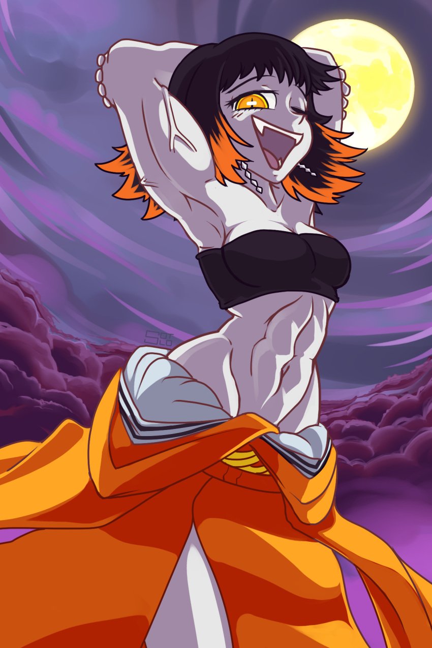 1girls abs armpits arms_up bandeau black_hair demon_slayer fangs female female_only grey_skin kimetsu_no_yaiba kimono kimono_down looking_at_viewer moonlight muscular muscular_female navel night open_mouth orange_eyes outside smile solo squareofthelightones susamaru tubetop two_tone_hair veiny_muscles wink yellow_eyes