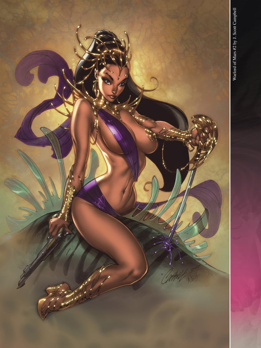 1girls a_princess_of_mars barsoom bikini_bottom black_hair dejah_thoris fit_female gold_(metal) gold_heels gold_pasties headdress high_heels holding_sword hourglass_figure j_scott_campbell john_carter_of_mars large_breasts long_hair martian nei_ruffino purple_eyes royalty shoulder_armor stabbing sword voluptuous