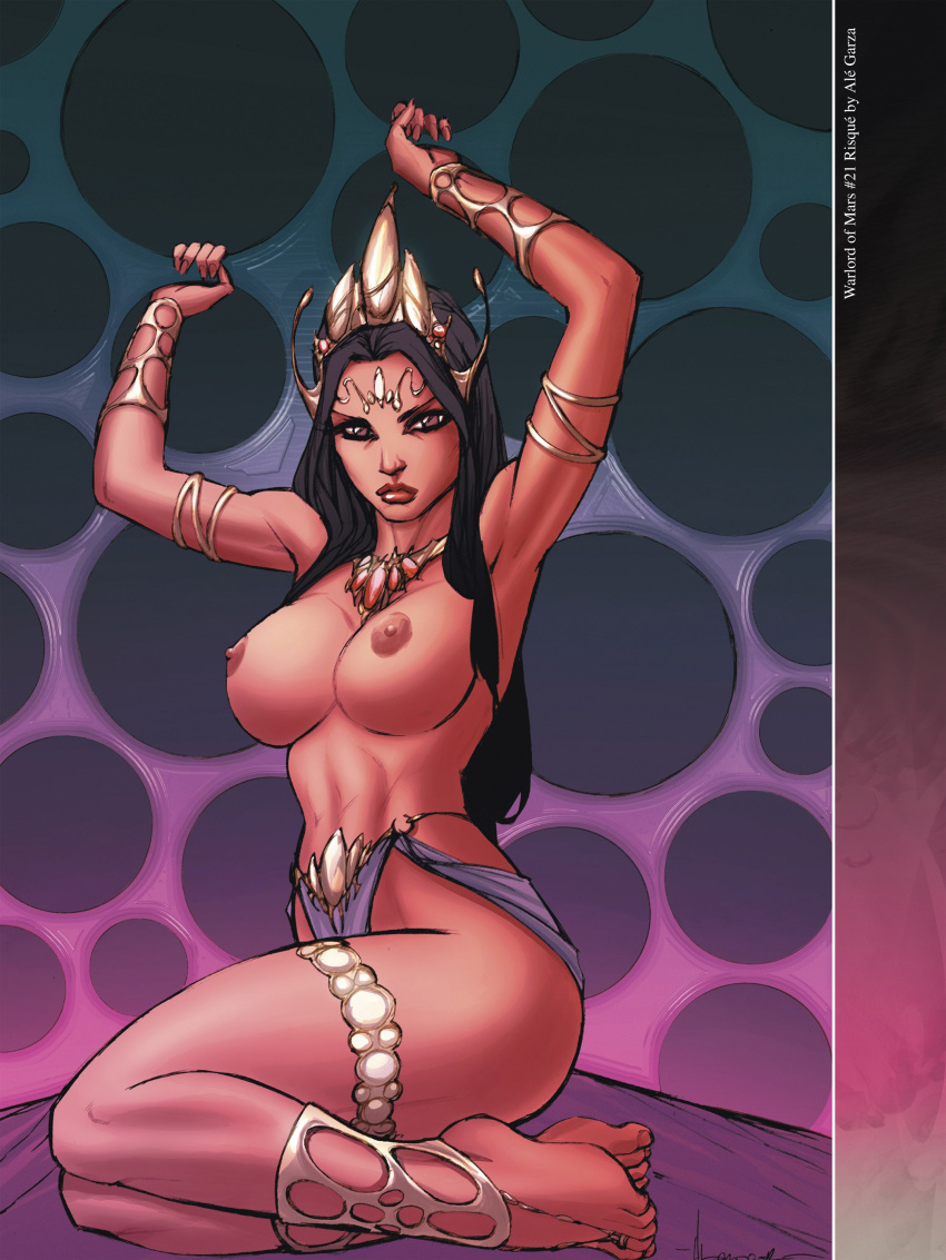 1girls a_princess_of_mars ale_garza anklet armlet armpits arms_up barefoot barsoom black_hair bracelet brown_eyes dejah_thoris fit_female headdress hourglass_figure john_carter_of_mars large_breasts loincloth long_hair looking_at_viewer martian monster necklace official_art pink_skin royalty thighlet voluptuous