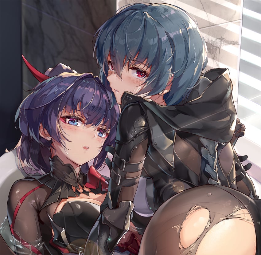 2girls big_breasts blue_eyes blue_hair breasts gray_hair honkai_impact honkai_impact_3rd multiple_girls purple_eyes purple_hair raiden_mei raven_(honkai_impact) red_eyes tagme thick_thighs tight_clothing yuri zombie-andy