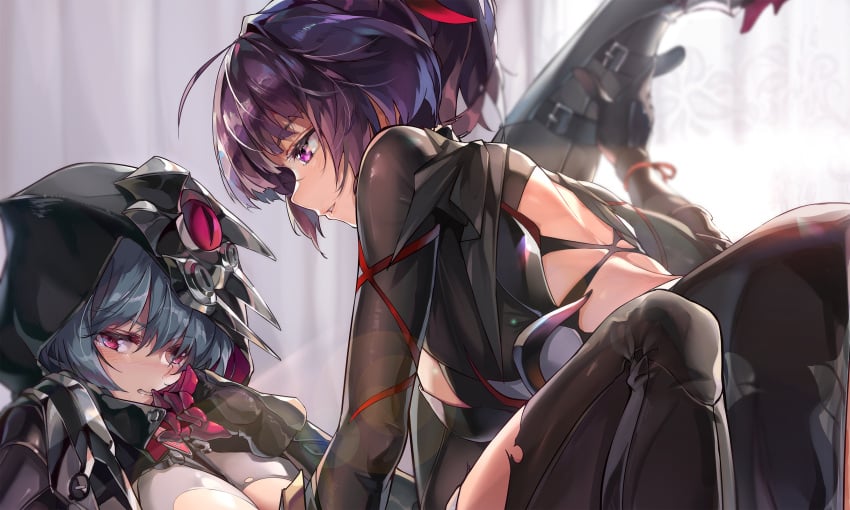 2girls big_breasts breasts clothing gray_hair honkai_impact honkai_impact_3rd purple_eyes purple_hair raiden_mei raven_(honkai_impact) red_eyes tight_clothing yuri zombie-andy