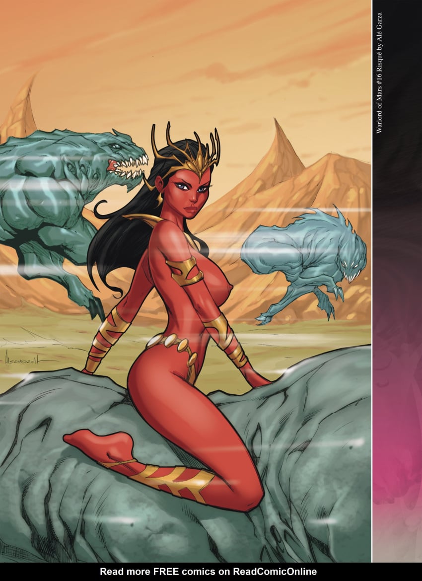 1girls a_princess_of_mars ale_garza armlet barsoom black_hair bracelet dejah_thoris fit_female headdress hourglass_figure john_carter_of_mars large_breasts long_hair looking_at_viewer martian monster official_art pink_skin royalty voluptuous