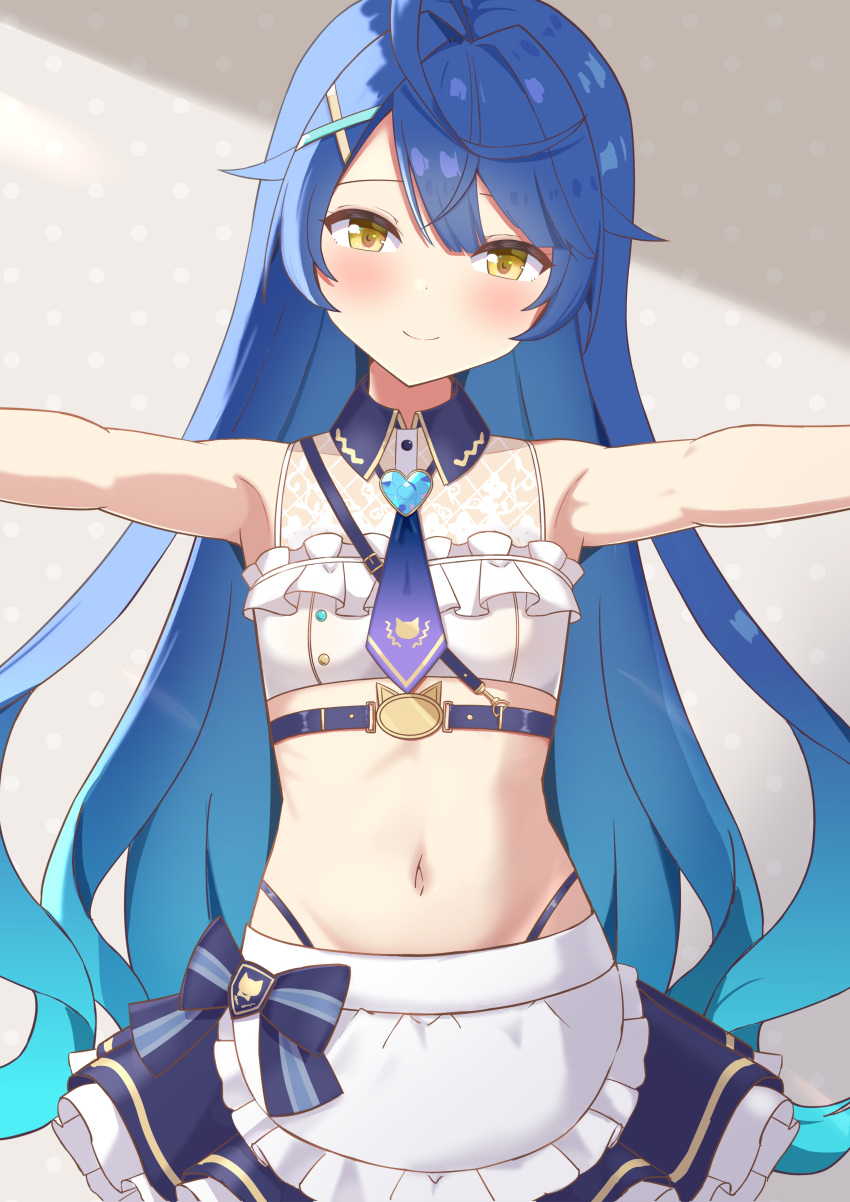 amamiya_kokoro barely_clothed blue_hair crop_top g-string maid_uniform midriff nijisanji panties redwinead skimpy skirt virtual_youtuber yellow_eyes