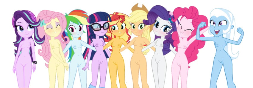 6+girls 9girls accurate_art_style applejack_(mlp) casual equestria_girls eyewear female female_only fluttershy_(mlp) friendship_is_magic human invisibleink mane_six_(mlp) my_little_pony nude nude_female nudist pale_skin pinkie_pie_(mlp) rainbow_dash_(mlp) rarity_(mlp) sci-twi simple_background smooth_skin starlight_glimmer sunset_shimmer take_your_pick trixie_(mlp) twilight_sparkle_(mlp) white_background wristwatch wristwear