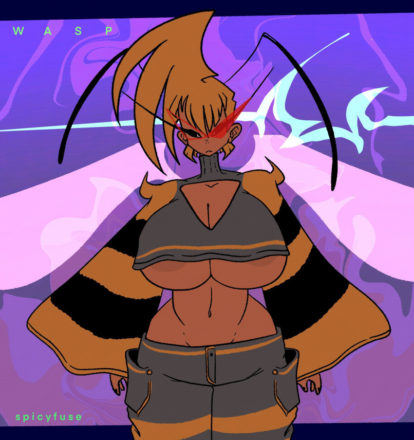 1girls bee bee_girl big_breasts busty cleavage curvy female humanoid large_breasts massive_breasts nipples original original_character spicyfuse underboob wasp