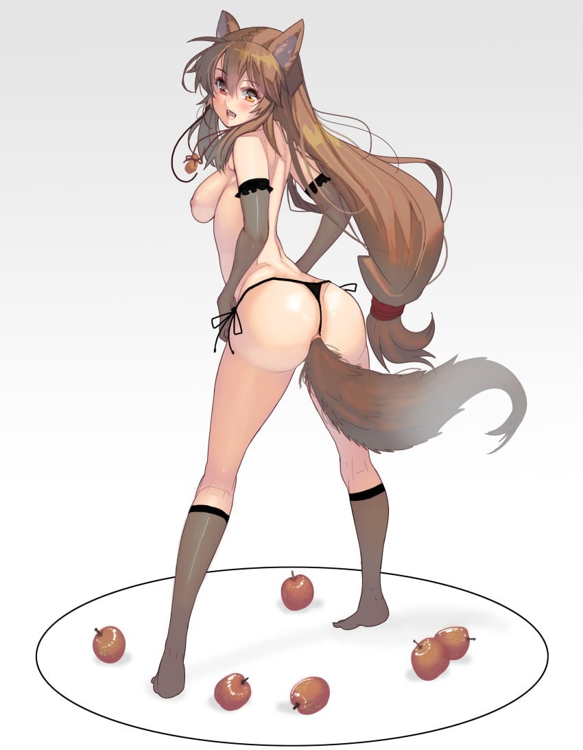 1girls absurdres alternate_hairstyle anal_tail animal_ears apple ass bangs black_panties blush breasts brown_hair elbow_gloves eyebrows_visible_through_hair fake_tail fangs female food from_behind fruit gloves hands_on_hips highres holo long_hair looking_back low-tied_long_hair masao medium_breasts nipples open_mouth panties ponytail pouch side-tie_panties solo spice_and_wolf standing tail topless underwear white_background wolf_ears wolf_tail