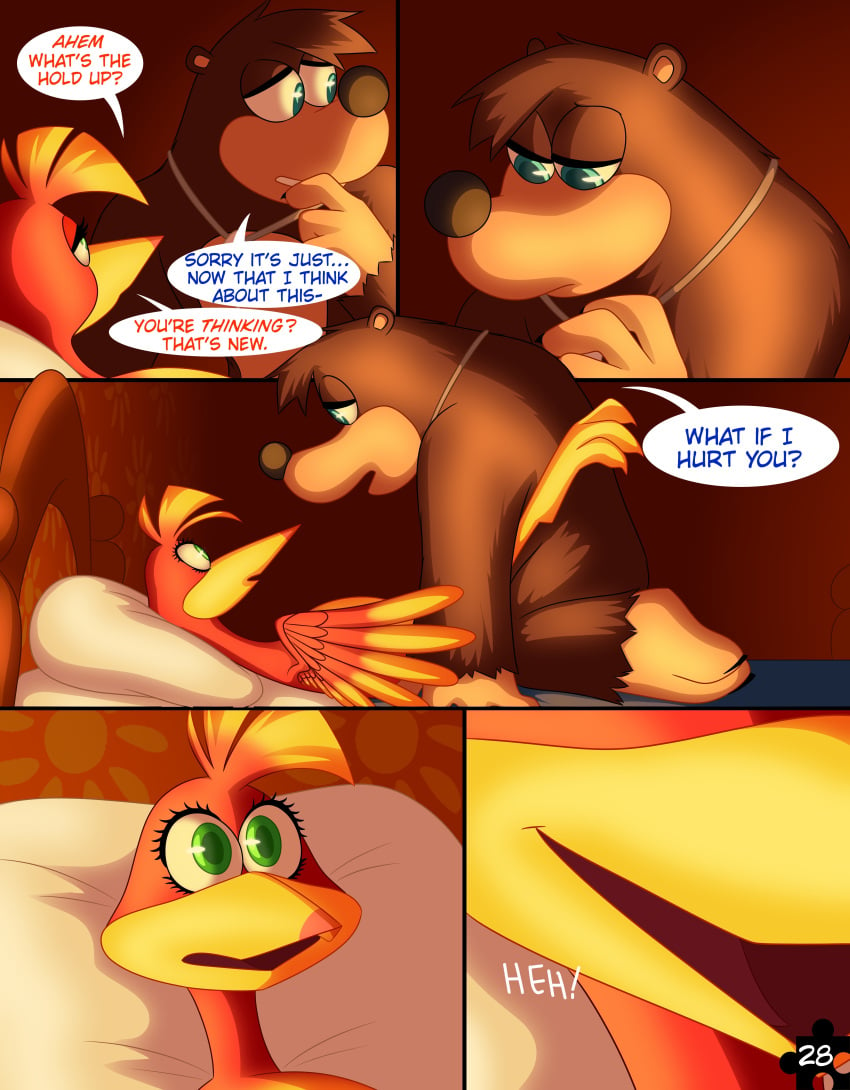 2021 absurd_res anthro avian banjo-kazooie banjo_(banjo-kazooie) bed bird black_nose blue_eyes breegull brown_body brown_fur candlelight comic dialogue digital_media_(artwork) duo english_text eye_contact eyelashes feathers female fur furniture giggle green_eyes head_tuft hi_res jewelry kazooie kneeling legs_up looking_at_another looking_at_partner lying male male/female mammal necklace nervous nude on_back on_bed page_28 page_number rareware red_body red_feathers skeletonguys-and-ragdolls speech_bubble text tuft ursid video_games worried yellow_body yellow_feathers