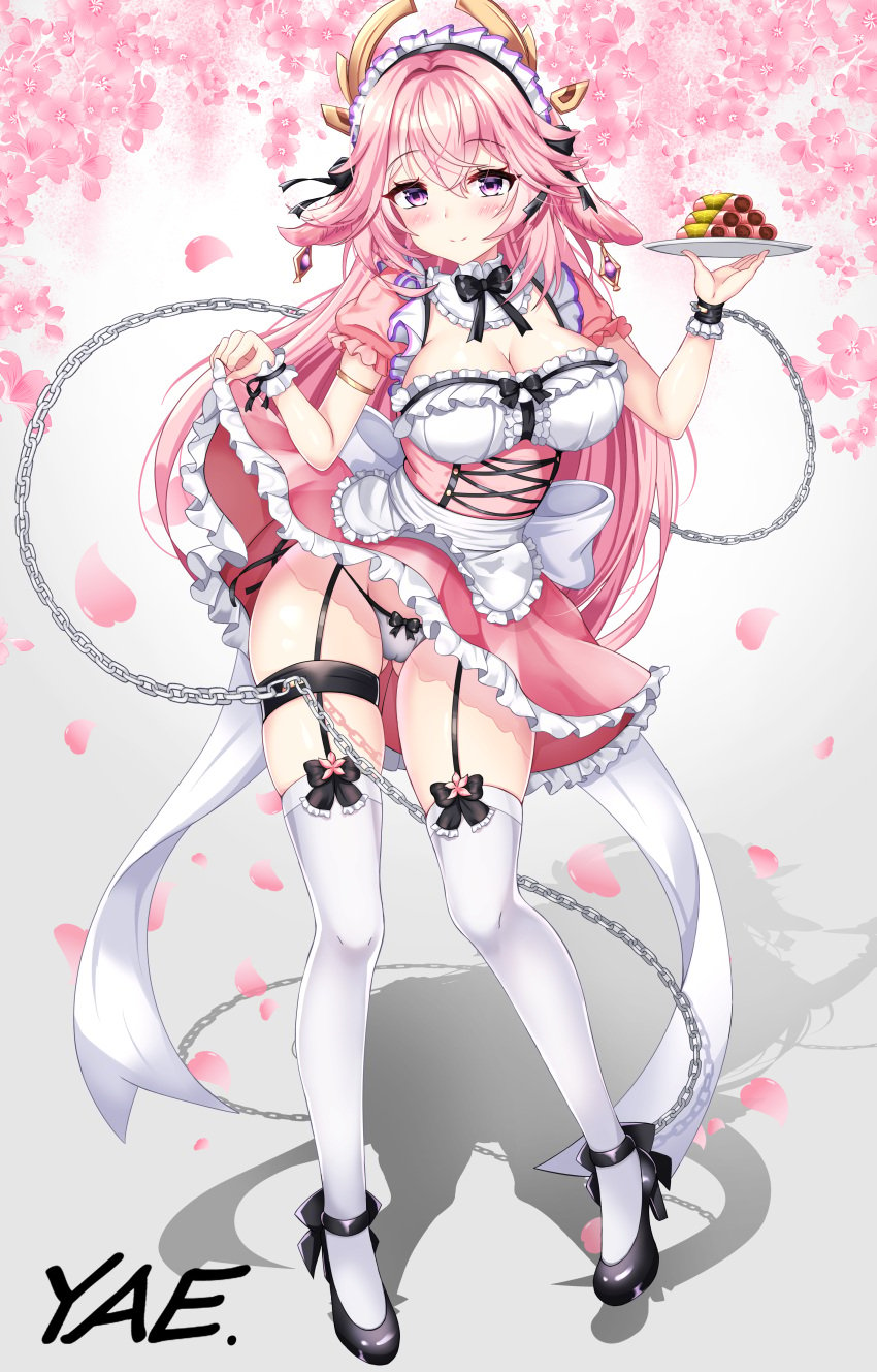 absurdres alternate_costume animal_ears apron bangs bondage carrying chains cherry_blossoms clothes_lift cuffs earrings enmaided eyebrows_visible_through_hair female food fox_ears full_body garter_straps genshin_impact hair_between_eyes hair_ornament high_heels highres jewelry kashiwa_mochi_(food) lifted_by_self long_hair looking_at_viewer maid maid_apron maid_headdress panties pantyshot petals pink_hair plate purple_eyes sakura_mochi short_sleeves sidelocks skirt skirt_lift smile solo standing thighhighs tia_(4017342) underwear wagashi white_legwear white_panties yae_miko zettai_ryouiki