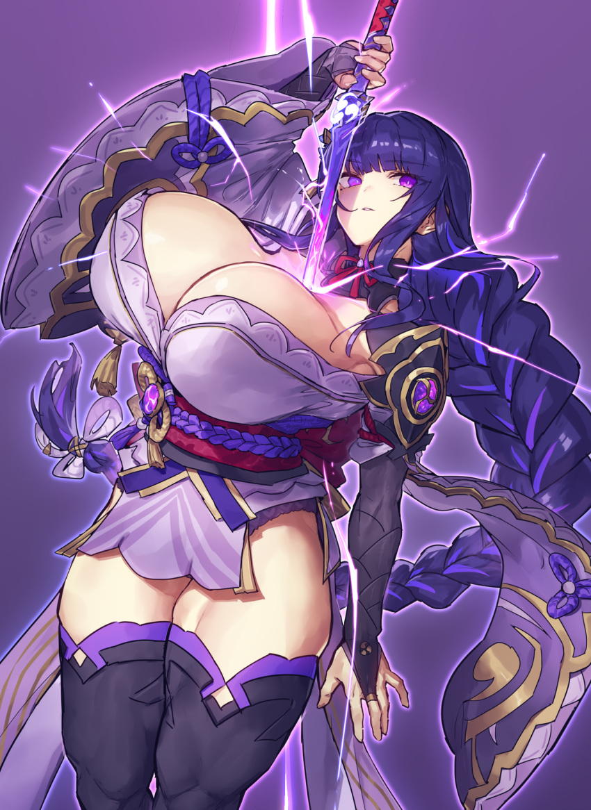 1girls 2d 2d_(artwork) alternate_breast_size braided_hair breasts cleavage curvy female female_focus female_only genshin_impact huge_breasts large_breasts lightning long_hair matching_hair/eyes melon22 muscular muscular_female muscular_thighs object_between_breasts purple_eyes purple_hair raiden_shogun solo solo_female solo_focus sword thick_thighs thighs weapon