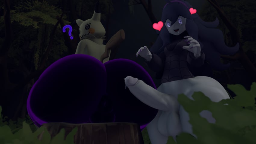 2023 3d 3d_(artwork) anthro anus backsack balls big_butt bodily_fluids breasts butt clothing digital_media_(artwork) dipstick_tail drooling duo erection forest generation_7_pokemon genital_fluids genitals gynomorph gynomorph_human hair heart_symbol hex_maniac hi_res huge_butt human hyper hyper_butt imminent_pokephilia imminent_sex intersex intersex_human long_hair looking_at_butt looking_back male male_anthro mammal markings medium_breasts mimikyu nintendo oakensfm plant pokemon pokemon_(species) pokemorph precum purple_body purple_clothing purple_eyes purple_hair question_mark saliva shrub sitting source_filmmaker_(artwork) spiral spiral_eyes tail tail_markings tree tree_stump wide_hips woodworksfm woodworkssfm yellow_body