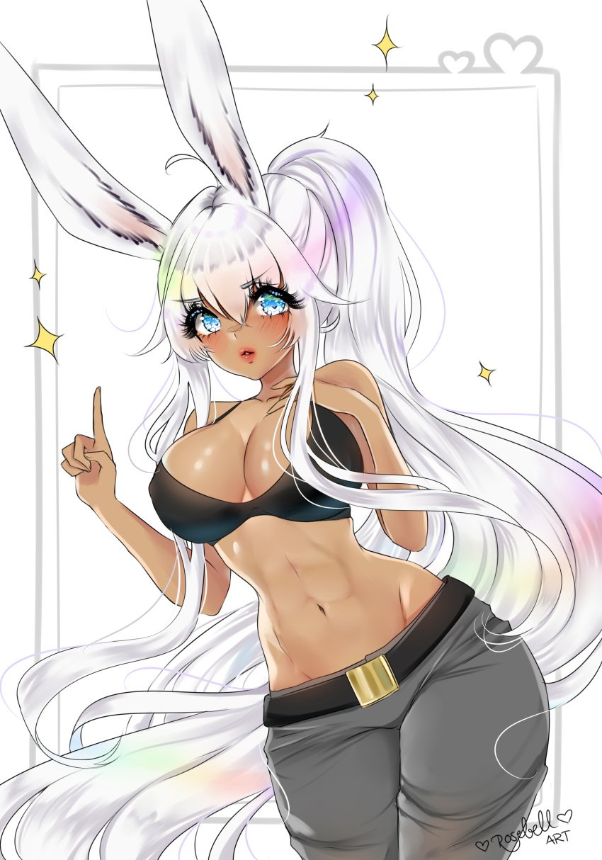 1girls abs belly_button big_breasts blue_eyes blush bunny_ears bunny_girl dark_skin female rosebell_(artist) white_hair