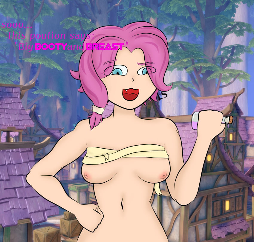 1girls darkmoonfoxs english_text female female_only maeve_(paladins) paladins potion small_breasts solo text