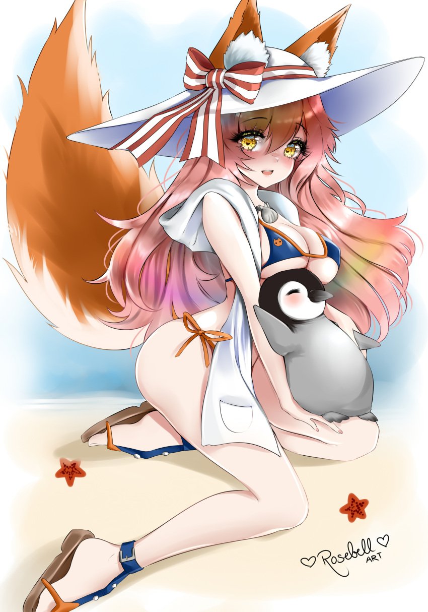 1girls beach_wear fate_(series) female fox fox_ears fox_girl high_res kitsune penguin rosebell_(artist) solo solo_focus sun_hat tagme tamamo_no_mae_(fate) yellow_eyes