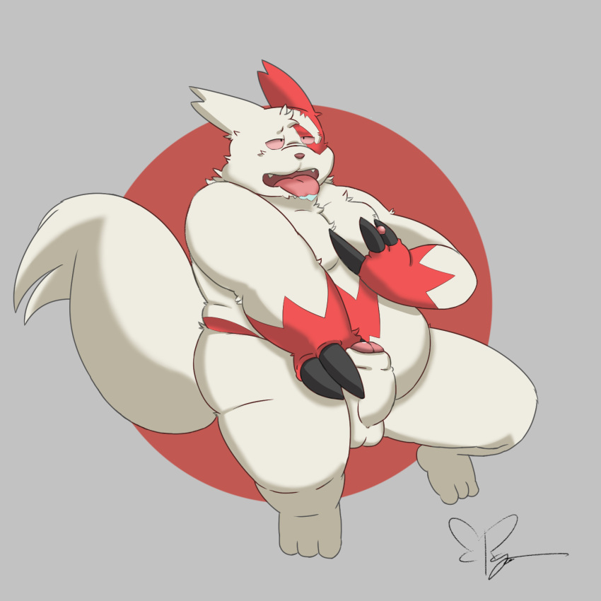 1:1 2021 anthro balls erection fur genitals hi_res male masturbation moobs nintendo nipples overweight overweight_anthro overweight_male penis pokémon_(species) pokemon pokemon_(species) ragnadope red_body red_fur simple_background solo tongue tongue_out video_games white_body white_fur zangoose