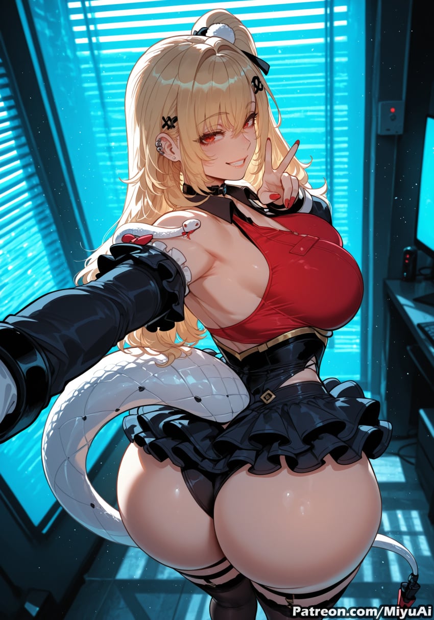 cissia_(zenless_zone_zero) zenless_zone_zero snake miyuai ai_generated ai_assisted thick_thighs thick_ass thick thick_legs thick_hips thick_butt wide_hips wide_thighs voluptuous voluptuous_female curvy curvy_figure curvaceous curvy_female female breasts ass 1girl red_eyes smile thighhighs looking_at_viewer blonde_hair detached_sleeves earrings long_hair v hair_ornament skirt bare_shoulders rating:safe large_breasts frills jewelry solo armpits black_panties indoors black_legwear blush hair_ribbon outstretched_arm panties thigh_boots eyebrows_visible_through_hair bangs underwear skindentation