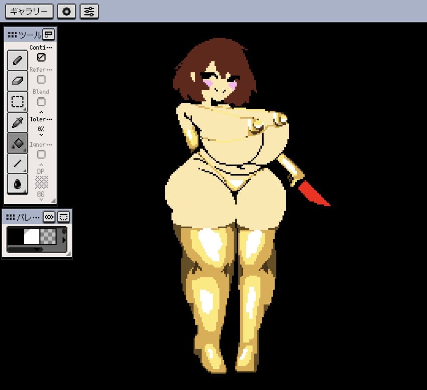 1girls bikini black_background black_eyes blush blush_stickers breasts breasts_bigger_than_head brown_hair chara elbow_gloves female female_chara gold_bikini gold_elbow_gloves gold_thighhighs golden_week hand_behind_back holding_knife holding_weapon knife large_breasts light-skinned_female light_skin nipple_bulge pixel_art short_hair smile tagme thick_thighs thighhighs undertale uun_uuni