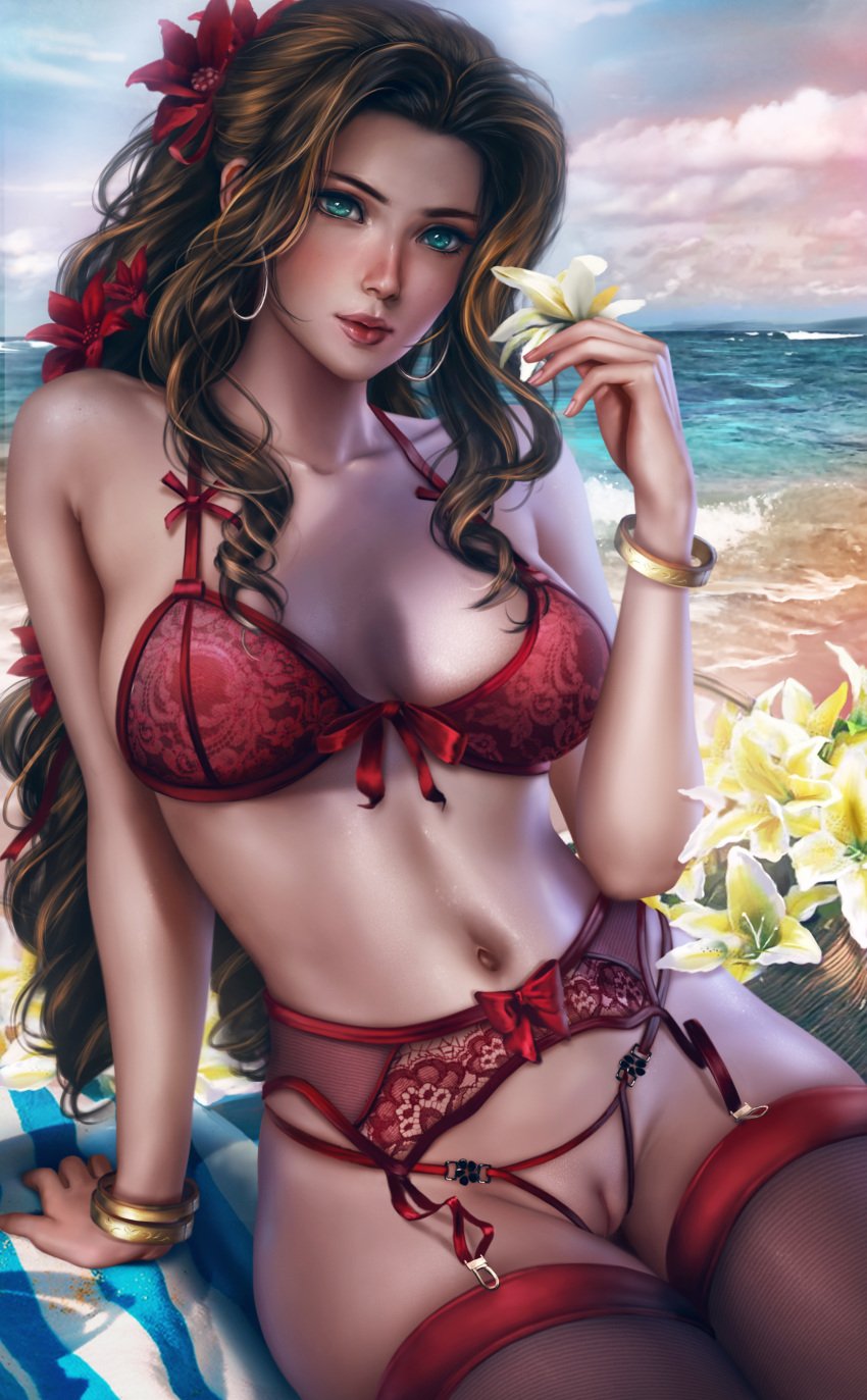 aerith_gainsborough final_fantasy final_fantasy_vii final_fantasy_vii_remake flower lingerie logan_cure possible_duplicate pussy realistic red square_enix styled_hair tagme uncensored