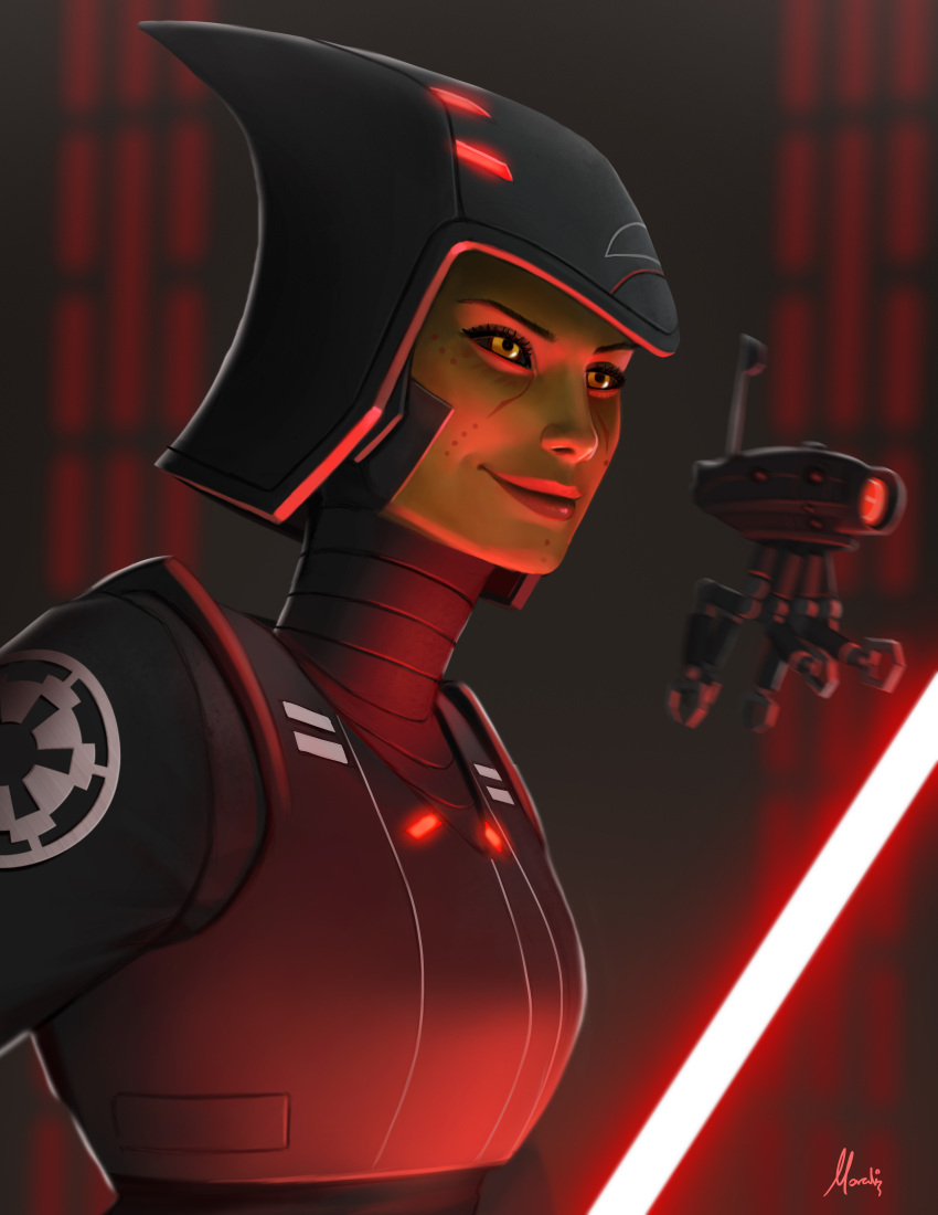 1girls clothed clothed_female clothing female female_focus helmet hi_res inquisitor inquisitor_(star_wars) lightsaber mauricio-morali mirialan red_lightsaber seventh_sister simple_background smile solo_female star_wars star_wars_rebels watermark yellow_eyes