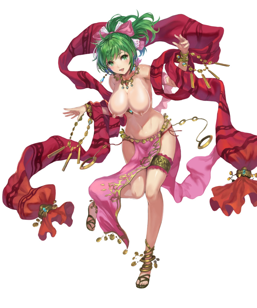 1girls bare_legs bare_shoulders biggitybiggitybig collarbone dancer earrings edit fire_emblem fire_emblem:_genealogy_of_the_holy_war fire_emblem_heroes green_eyes green_hair large_breasts lene_(fire_emblem) medium_hair necklace nintendo nipples nude_filter official_art open_mouth pelvic_curtain ponytail smile solo topless transparent_background