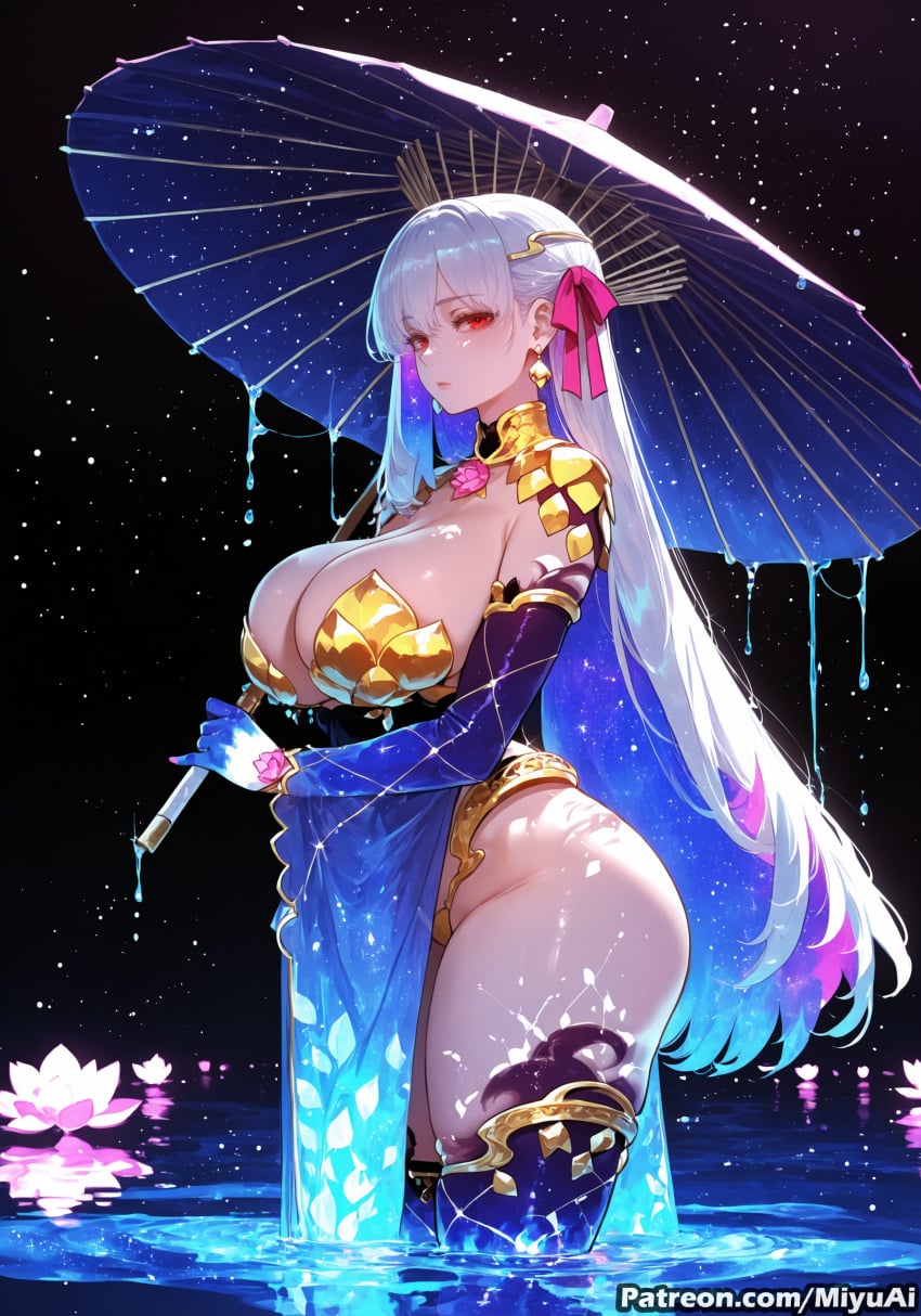 kama_(fate/grand_order) kama_(third_ascension)_(fate) fate_(series) fate/grand_order miyuai ai_generated ai_assisted thick_thighs thick_ass thick thick_legs thick_hips thick_butt wide_hips wide_thighs voluptuous voluptuous_female curvy curvy_figure curvaceous curvy_female female breasts star_(sky) starry_sky 1girl umbrella hair_ribbon ribbon sky silver_hair jewelry solo looking_at_viewer flower thighs long_hair oriental_umbrella metal_collar dress space rating:safe earrings blush purple_dress red_eyes bangs collar ring cleavage armlet night_sky elbow_gloves huge_breasts gloves pink_ribbon lotus thighhighs pelvic_curtain