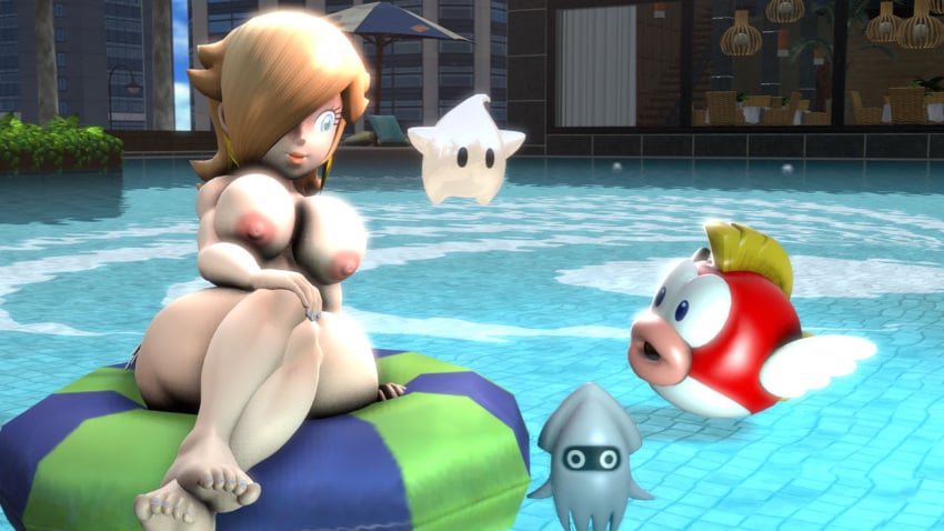 1girls 3d 3d_(artwork) barefoot blonde_hair blooper blue_eyes breasts cephalopod cheep_cheep chill407 completely_nude completely_nude_female ear_piercing eyelashes female fish full_body human kabalmystic_(style) light-skinned_female light_skin long_hair luma mammal marine mario_(series) mature mature_female naked naked_female nintendo nipples nude nude_female pool princess princess_rosalina red_body royalty squid super_mario_bros. voluptuous voluptuous_female water