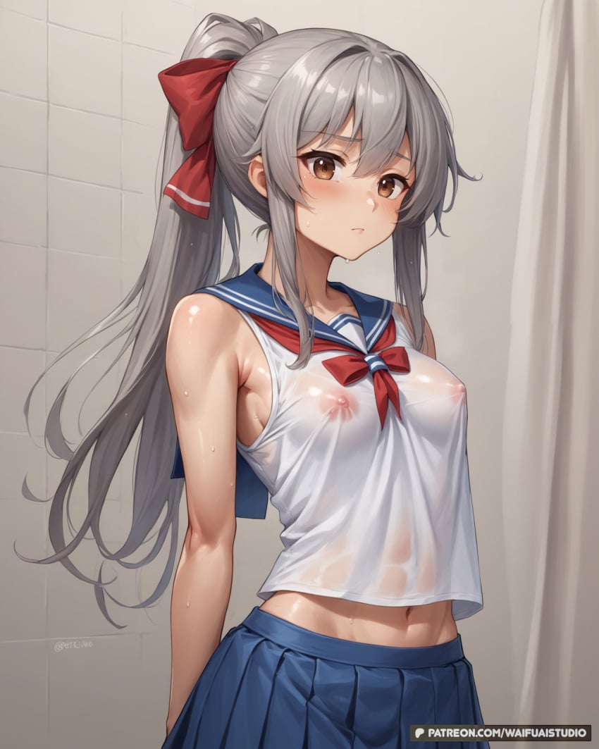 1girl clothing female long_hair sleeveless solo breasts grey_hair skirt looking_at_viewer no_bra shirt brown_eyes bare_shoulders covered_nipples sleeveless_shirt navel wet_clothes bangs pleated_skirt sailor_collar school_uniform see-through uniform wet wet_shirt white_shirt blue_skirt blush ponytail serafuku medium_breasts midriff hair_ornament nipples bow bare_arms closed_mouth blue_sailor_collar stomach ribbon crop_top sweat hair_bow red_ribbon armpit_crease hair_ribbon sidelocks neckerchief red_bow cowboy_shot arms_behind_back bowtie crop_top_overhang waifuai_studio ai_generated