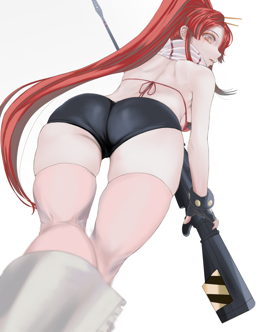 ass ass_focus back_view backboob big_ass bikini_top booty_shorts female female_only fingerless_gloves gun long_hair looking_at_viewer looking_back low-angle_view red_hair scarf short_shorts solo tengen_toppa_gurren_lagann thick_thighs thighhighs yoko_littner yukidaruma zettai_ryouiki