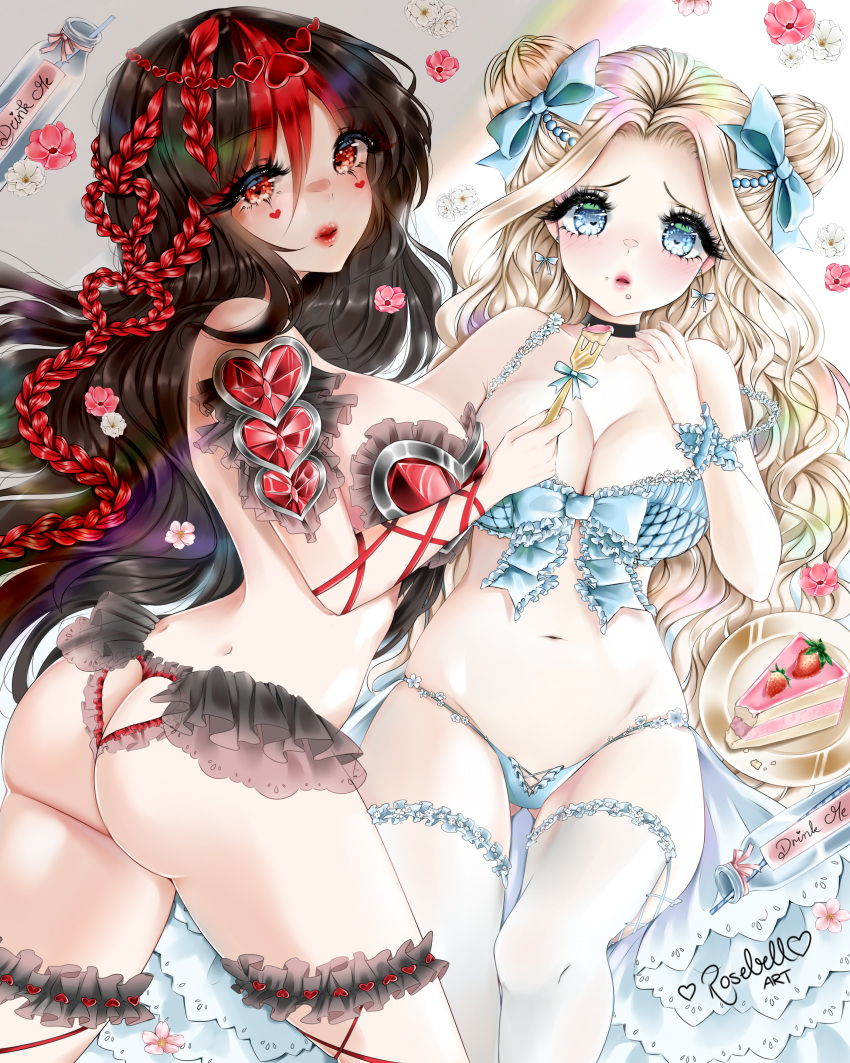 2girls belly belly_button blonde_hair blue_eyes cake dark_hair female heart heart-shaped_pupils light_skin multiple_girls red_eyes red_hair rosebell_(artist) two_tone_hair