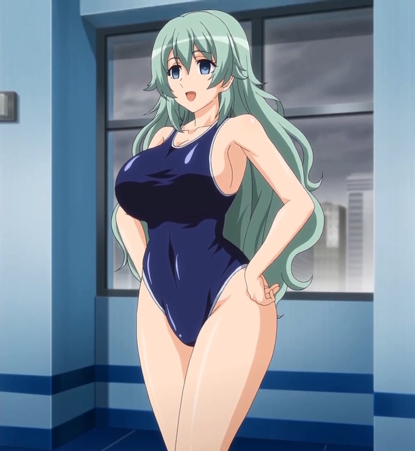 1girls 2010s 2d 2d_(artwork) absurd_res absurdres big_breasts blue_eyes blue_swimsuit blue_swimwear breasts clothed_female female female_focus female_only gakuen_de_jikan_yo_tomare green_hair half_japanese halfie happy_face hentai hypnotized indoors katie_majima long_green_hair long_hair open_mouth over_1080p school_swimsuit schoolgirl screencap smile solo solo_female solo_focus swimsuit very_long_hair wavy_hair