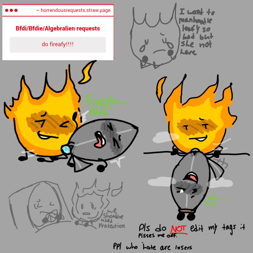 battle_for_dream_island blush blush_lines blushing blushing_female blushing_male blushing_profusely closed_eyes dialogue digital_art digital_drawing digital_drawing_(artwork) digital_media digital_media_(artwork) digital_painting_(artwork) doodle drooling duo eyes_rolled_back eyes_rolling_back firey_(bfdi) gentle_sex heart-shaped_pupils heat_(temperature) holding_legs leafy_(bfdi) looking_at_another looking_at_partner looking_down looking_pleasured male/female non-human object_show object_shows osc pussy pussy_juice pussy_juice_trail quiet_moan quiet_sex raised_leg smirk smirking smirking_at_another smirking_at_partner tailwag text tied_hands tied_up tremble_lines tremble_spikes trembling trembling_for_pleasure trembling_legs trembling_lines trembling_pleasure trembling_spikes unusual_genitalia
