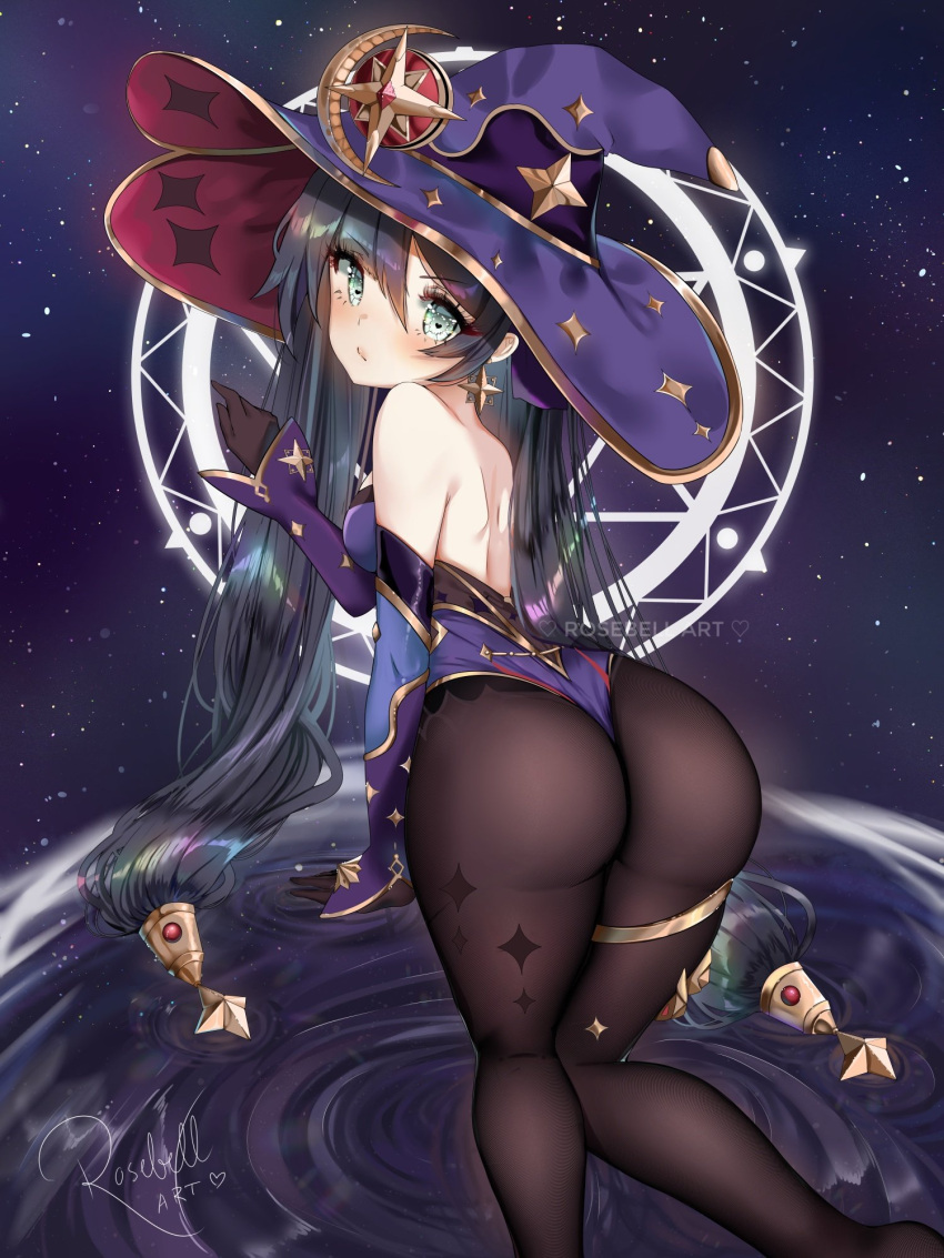 1girls ass dark_hair female genshin_impact leotard long_hair mona_(genshin_impact) pantyhose rosebell_(artist) tight_clothing