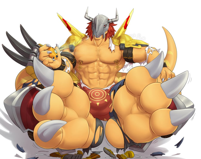 2021 3_toes 4_fingers abs anthro bandai_namco big_pecs clothing crest_of_courage crests_(digimon) digimon digimon_(species) feet fingers foot_fetish footwear male muscular muscular_anthro muscular_arms muscular_male nipple_piercing nipple_ring nipples orange_body pecs piercing takesu themed_piercing toes topless_male torn_clothing torn_footwear wargreymon