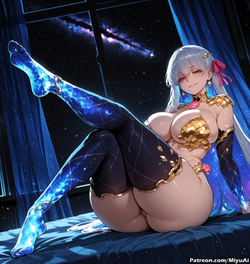 kama_(fate/grand_order) kama_(third_ascension)_(fate) fate_(series) fate/grand_order miyuai ai_generated ai_assisted thick_thighs thick_ass thick thick_legs thick_hips thick_butt wide_hips wide_thighs voluptuous voluptuous_female curvy curvy_figure curvaceous curvy_female female breasts star_(sky) starry_sky jewelry hair_ribbon ribbon space sky 1girl earrings silver_hair looking_at_viewer shooting_star sitting smile red_eyes long_hair thighs ass large_breasts night_sky night solo bangs blush metal_collar thighhighs topless collar licking_lips feet armlet armor legs crossed_legs window bikini_armor rating:questionable rating:safe starry_sky_print pink_ribbon underwear