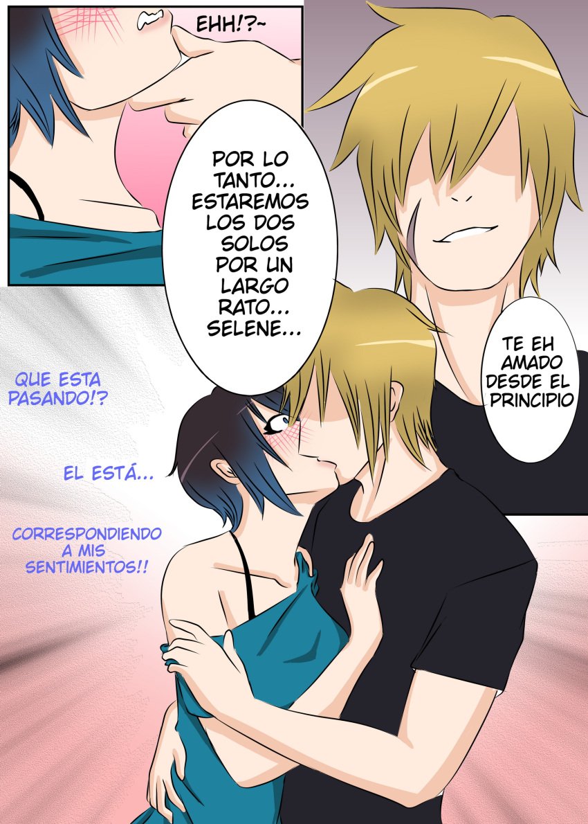 1boy 1girls asian bare_shoulders black_hair blonde_hair blue_eyes blue_hair blush chin_grab clothed comic comic_page el_diario_de_jonathan female haikon_knight japanese jonathan_almendair kissing male scar scar_on_cheek scar_on_face selene_(eddj) short_hair spanish_text two_tone_hair