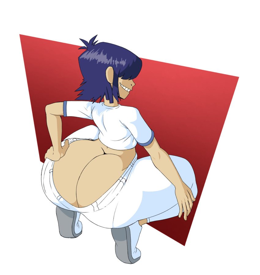 1girls ass ass_cheeks ass_cleavage bangs blue_hair bubble_butt butt_crack covered_eyes female female_only gorillaz grin grinning hi_res huge_ass human large_ass mrwastemaster no_panties noodle_(dare) noodle_(gorillaz) pale_skin sneakers squatting tan thick_thighs thighs underwear white_pants white_shirt