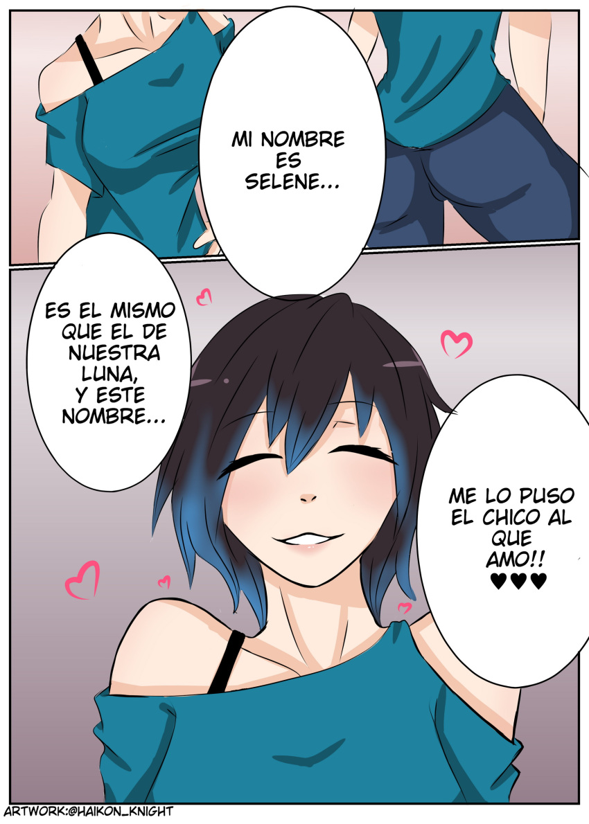 1girls black_hair blue_hair closed_eyes el_diario_de_jonathan female haikon_knight heart selene_(eddj) spanish_text two_tone_hair