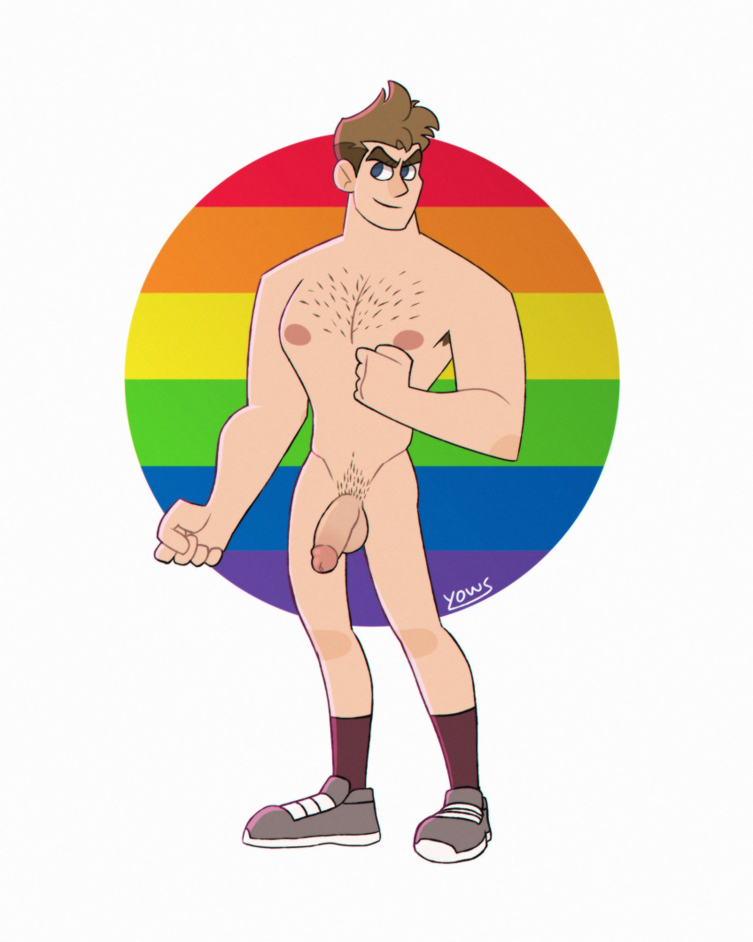 1boy agent-steve-maryweather agent_mary balls blue_eyes brown_hair chest_hair circumcised full_length gay_pride large_penis lgbt_pride looking_to_the_side male male_only naked_footwear netflix netflix_character q-force socks_and_shoes solo steve_maryweather white_background yows