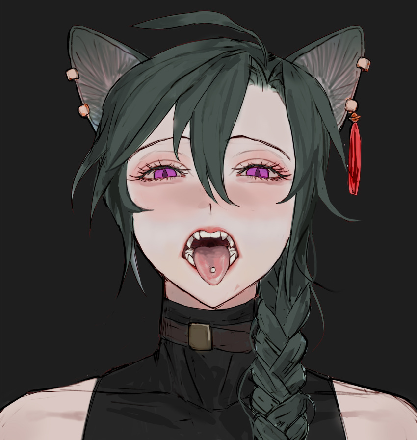 1boy androgynous braid cat_ears catboy eyelashes femboy green_hair male male_only monster_boy nijisanji piercing purple_eyes ryushen ryuushen solo solo_male tongue_out tongue_piercing virtual_youtuber yu_delete