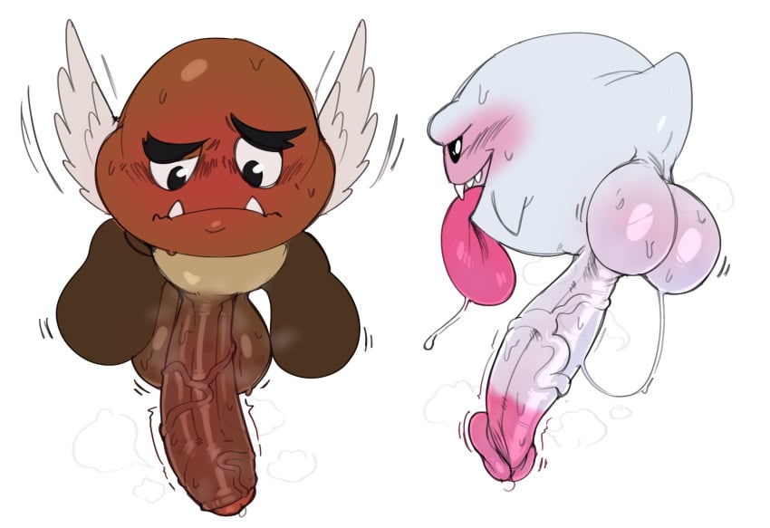 2boys anthro anthro_only anthrofied balls big_balls big_penis big_tongue black_eyes bodily_fluids boo_(mario) cotton_tail flying full_body genital_fluids genitals goomba half-closed_eyes huge_cock huge_penis long_penis long_tail looking_at_penis looking_down male male_only mario_(series) multiple_boys paragoomba penis precum seniorseasalt sharp_teeth simple_background small_but_hung smile smiling sweat sweatdrop sweater sweating sweaty sweaty_balls sweaty_penis tail thick_penis tongue tongue_out vein veiny_penis white_background white_eyes wide_hips