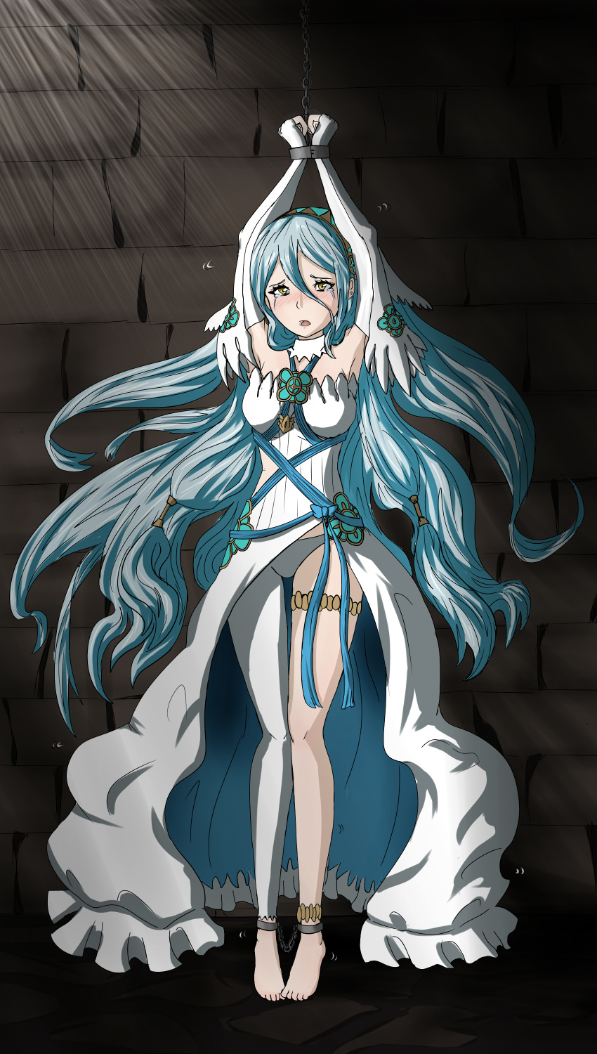 1girls arms_up azura_(fire_emblem) bare_legs barefoot blue_hair bondage captured chains crying crying_with_eyes_open dungeon femsub fire_emblem fire_emblem_fates hair_between_eyes nintendo open_mouth panties solo suspension tiptoes very_long_hair wadaldo white_panties yellow_eyes