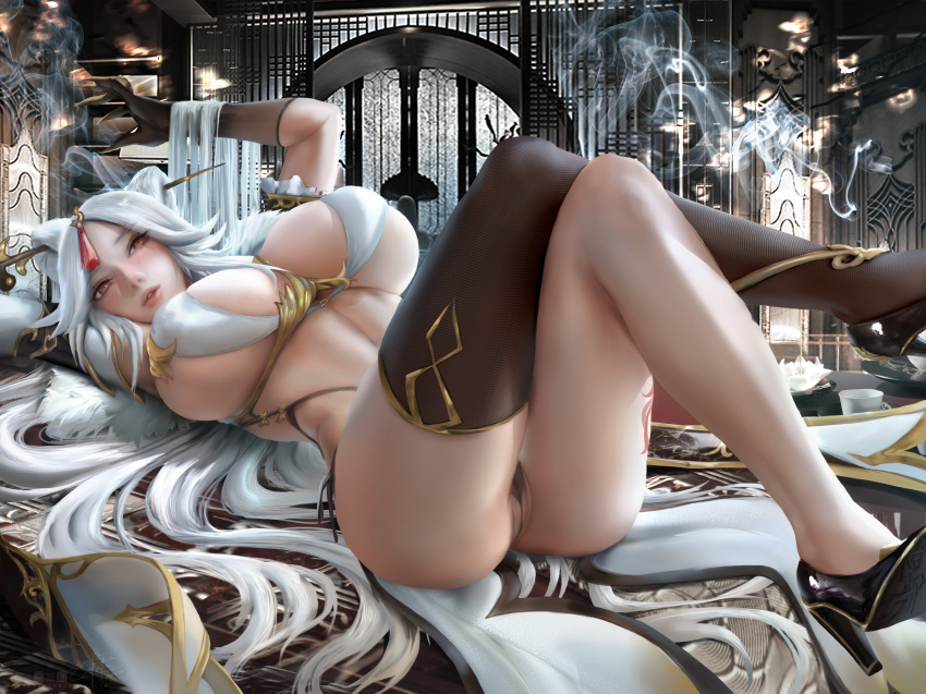 genshin_impact huge_breasts laying_down ningguang_(genshin_impact) supullim thick_thighs