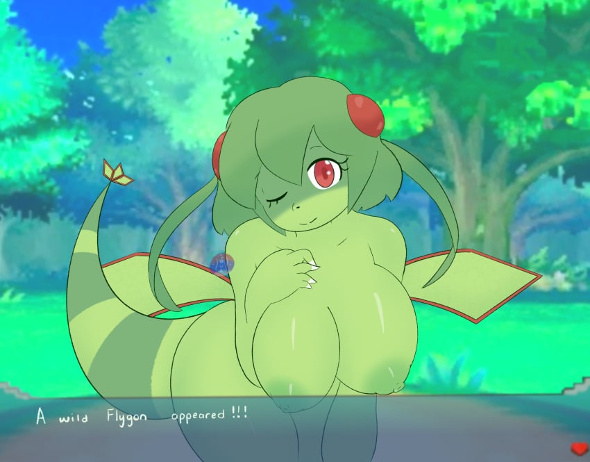 absurd_res anthro anthrofied big_breasts breasts dragon english_text female flygon hi_res leaning leaning_forward looking_at_viewer mochagato nintendo one_eye_closed pokémon_(species) pokemon pokemon_(species) pokemorph smile smiling_at_viewer solo text text_box video_games wings wink winking_at_viewer