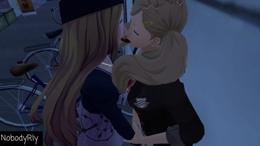 2girls 3d ann_takamaki blonde_hair clothed clothed_female fingering french_kiss kissing mifune_chihaya multiple_girls nobodyrly_(artist) persona persona_5 sfm tongue_kiss yuri