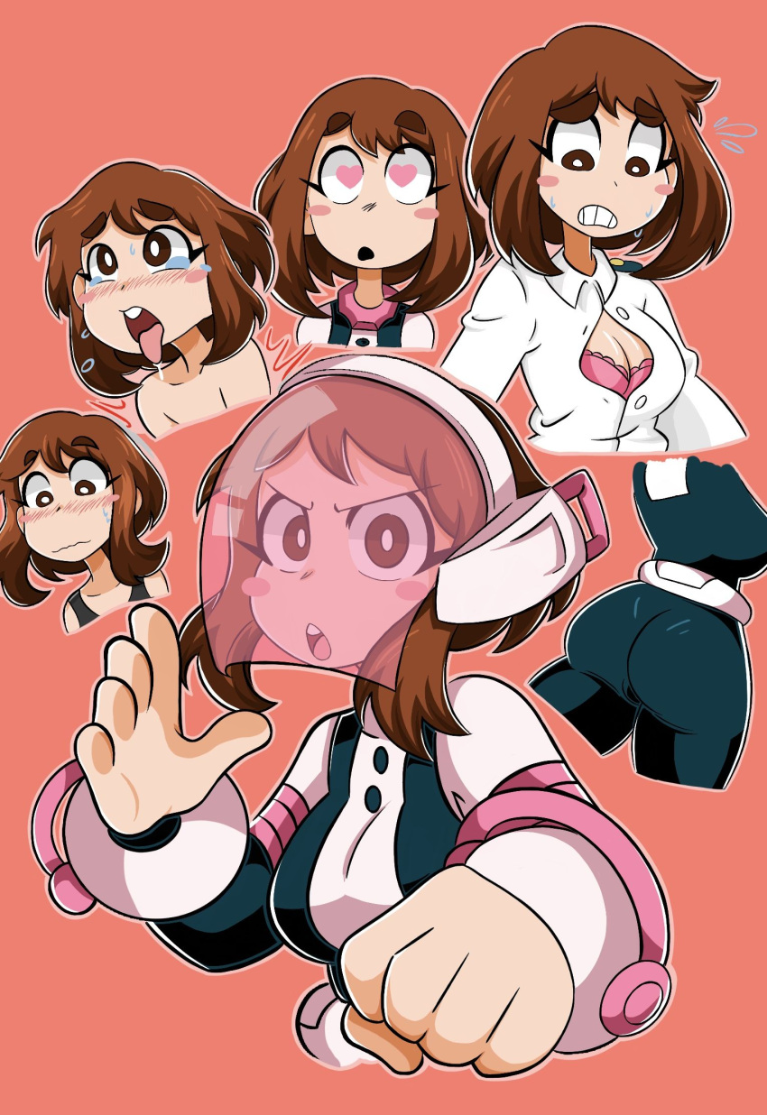 ahe_gao blushing bra character_sheet heart-shaped_pupils jennlumm multiple_views my_hero_academia ochako_uraraka open_shirt shirt_open superheroine tongue_out