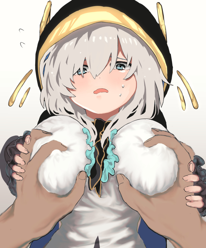 adult ars_almal big_breasts blue_eyes breasts fondling groping huge_breasts nijisanji nipple_bulge sa_natoshi size_difference squeezing_breast virtual_youtuber white_hair