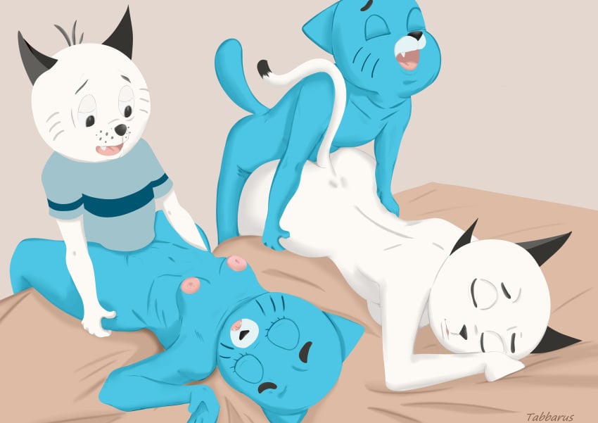 2boys 2girls anthro bed cartoon_network closed_eyes crossover eddie_puss felid feline felis group gumball_watterson mammal mother mother_and_child mother_puss nicole_watterson the_amazing_world_of_gumball the_complex_adventures_of_eddie_puss