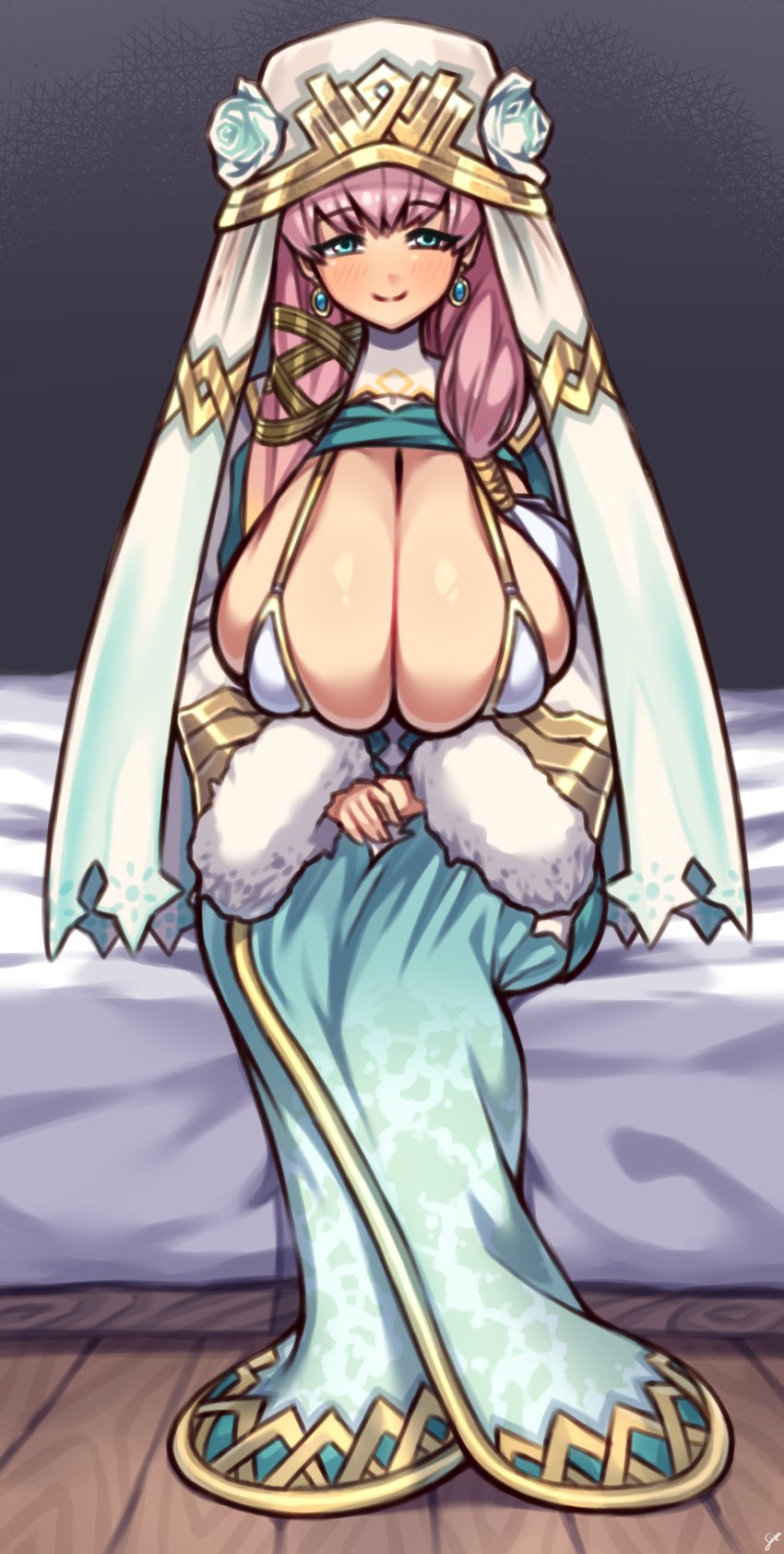 1girls absurdres bangs bed bed_sheet bedroom blue_dress blue_eyes blush breast_squish breasts bursting_breasts busty cleavage cleric closed_mouth clothing coffeelove68 commentary_request commission content_smile covered_nipples covering cyan_eyes dress earrings female female_only fire_emblem fire_emblem_heroes flower front_heavy_breasts full_cleavage fur-trimmed_sleeves fur_trim gunnthra_(fire_emblem) hair_ornament happy happy_female headdress headwear highres huge_breasts indoors jewelry long_breasts long_cleavage long_dress long_hair long_sleeves looking_at_viewer low_hanging_breasts mature mature_female micro_bikini multicolored_hair nintendo own_hands_together pendulous_breasts pink_hair priestess sagging_breasts sideboob signature sitting skeb_commission skindentation smile smiling smiling_at_viewer soft_breasts solo white_bra wide_sleeves wooden_floor