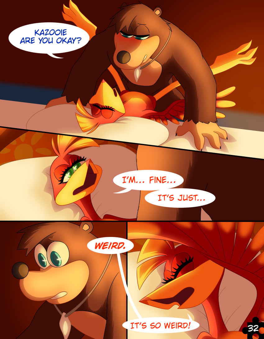 2021 absurd_res anthro anthro_on_anthro anthro_penetrated anthro_penetrating anthro_penetrating_anthro avian banjo-kazooie banjo_(banjo-kazooie) bed bird black_nose blue_eyes blush breegull brown_body brown_fur candlelight closed_eyes comic dialogue digital_media_(artwork) duo english_text eyelashes feathers female female_on_bottom from_front_position fur furniture green_eyes head_tuft hi_res jewelry kazooie legs_up looking_at_another looking_at_partner lying male male/female male_on_top mammal missionary_position necklace nude number on_back on_bed on_bottom on_top page_32 page_number penetration penile penile_penetration penis_in_pussy rareware red_body red_feathers sex skeletonguys-and-ragdolls speech_bubble spread_legs spreading text tuft ursid vaginal_penetration video_games yellow_body yellow_feathers