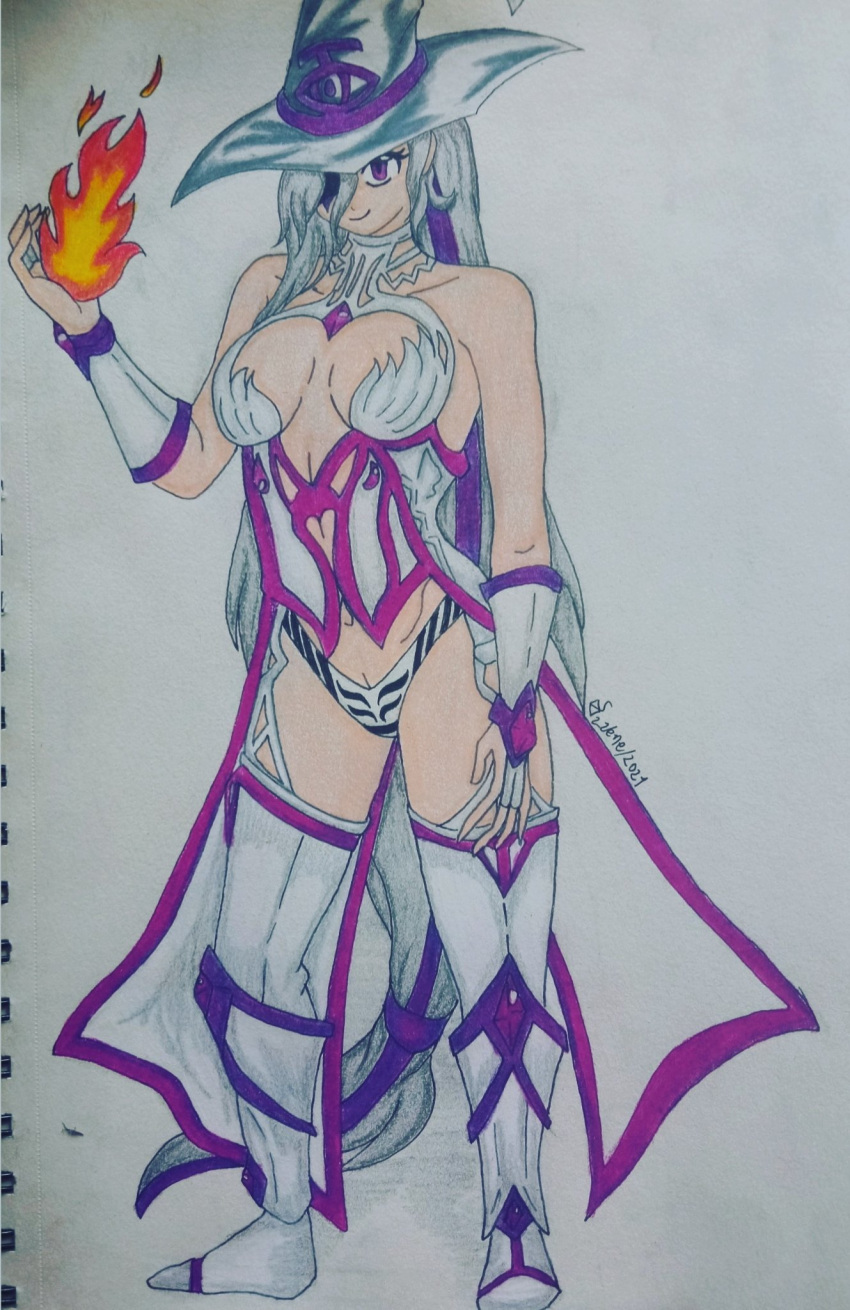 bikini_armor drawing fhs fhsz3r0 fire fnafhs fnafhs_z3ro mai_(fnafhs) sketch sorceress white_hair wicth_hat witch witch_hat