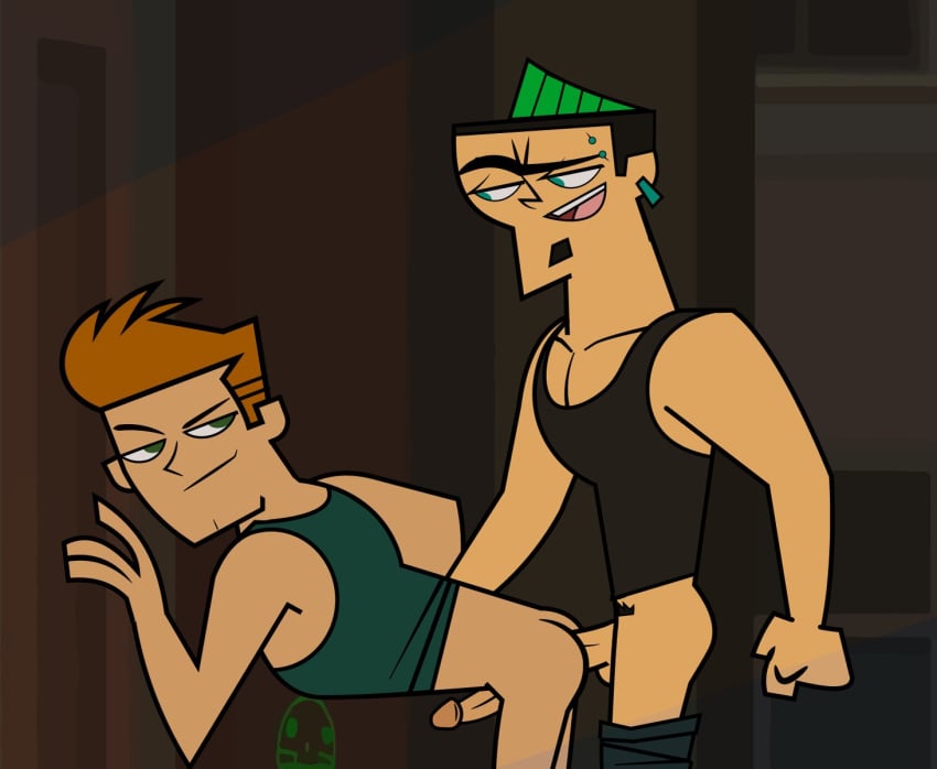 2boys anal anal_sex black_hair blue_eyes clothing cocky_smile duncan_(tdi) ear_piercing eyebrow_piercing gay green_eyes lad male male_only mohawk penis piercing smirk tdda19 topher_(tdi) total_drama:_pahkitew_island total_drama_island unibrow yaoi